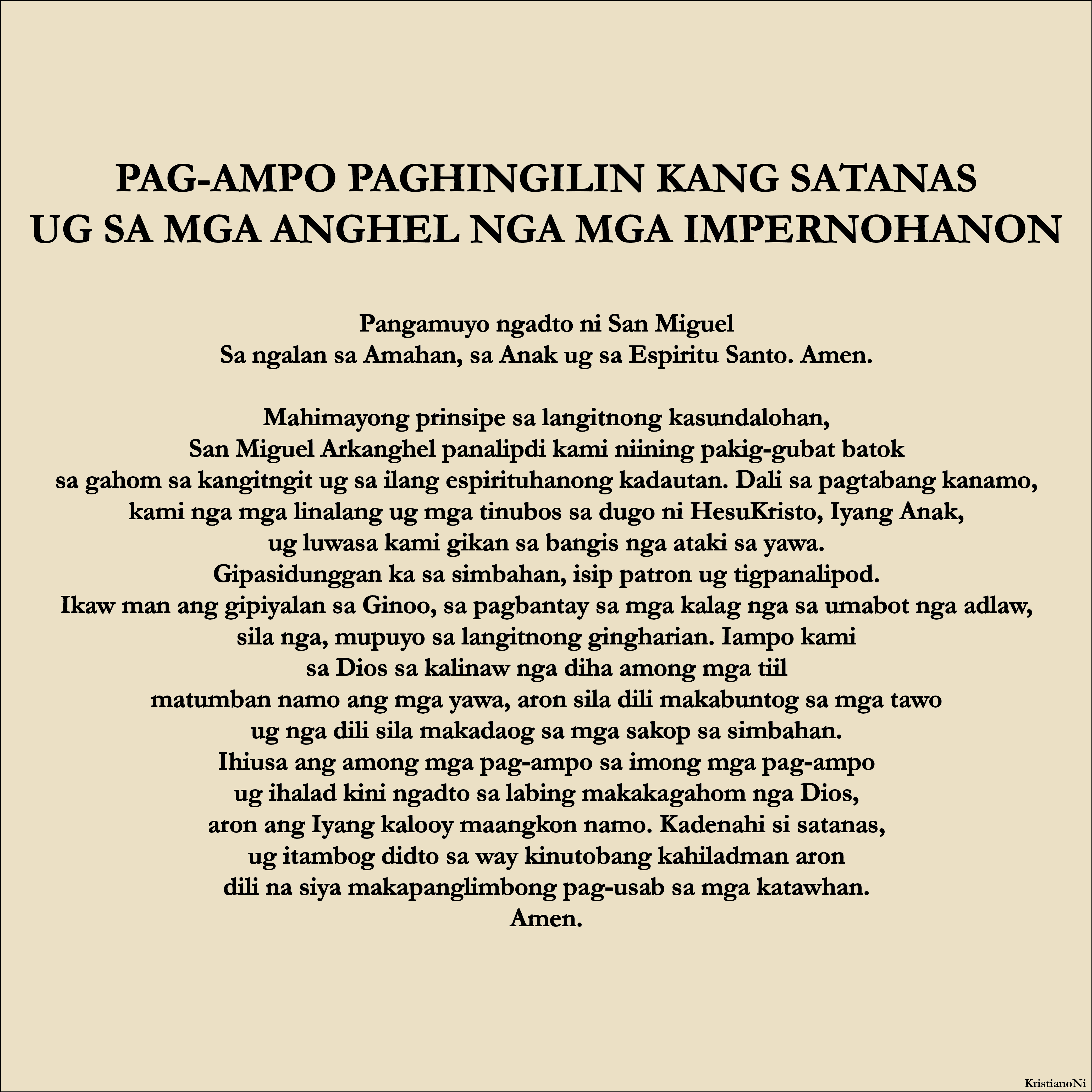 Pag-ampo Paghingilin Kang Satanas Ug Sa Mga Anghel Nga Mga Impernohanon