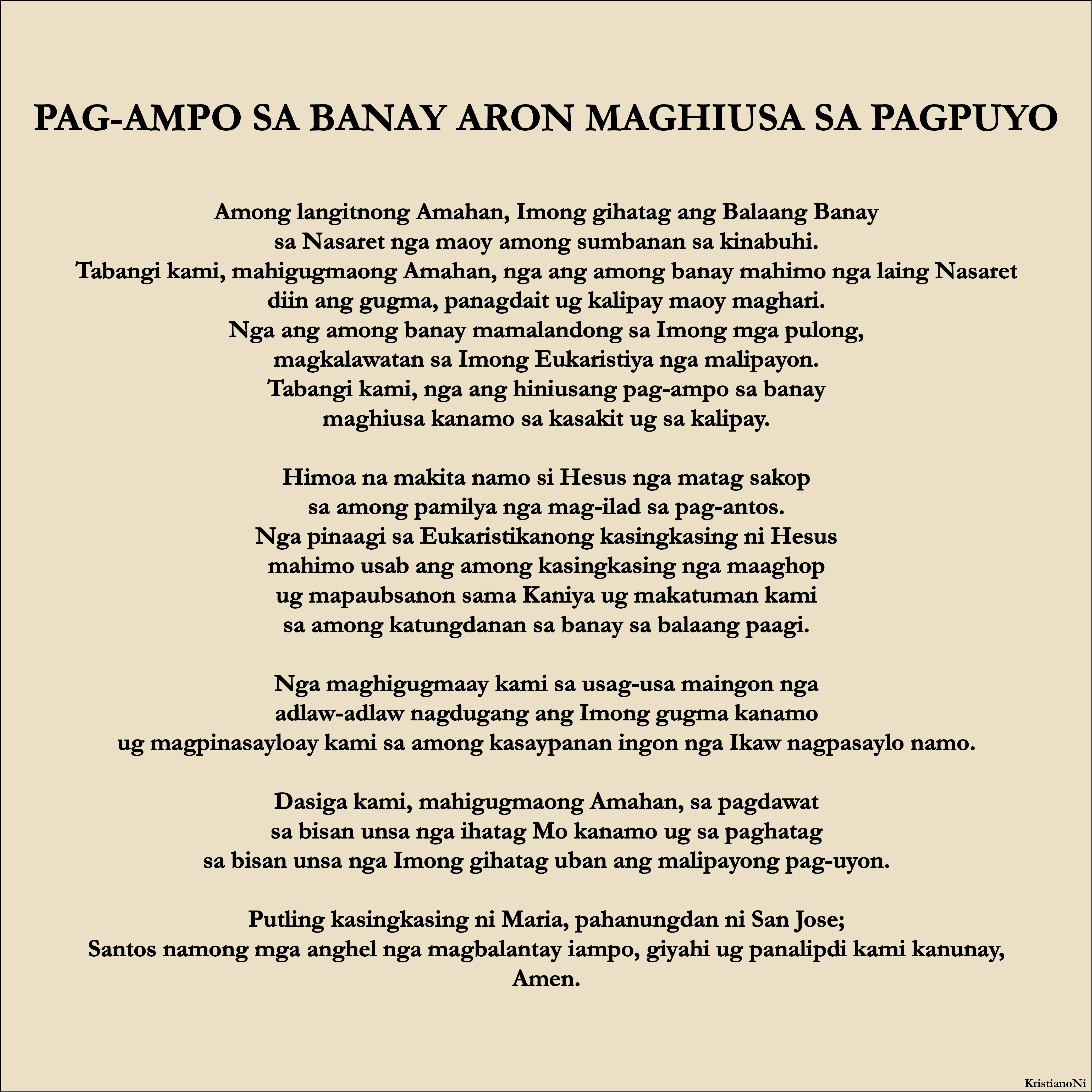 Pag-ampo Sa Banay Aron Maghiusa Sa Pagpuyo