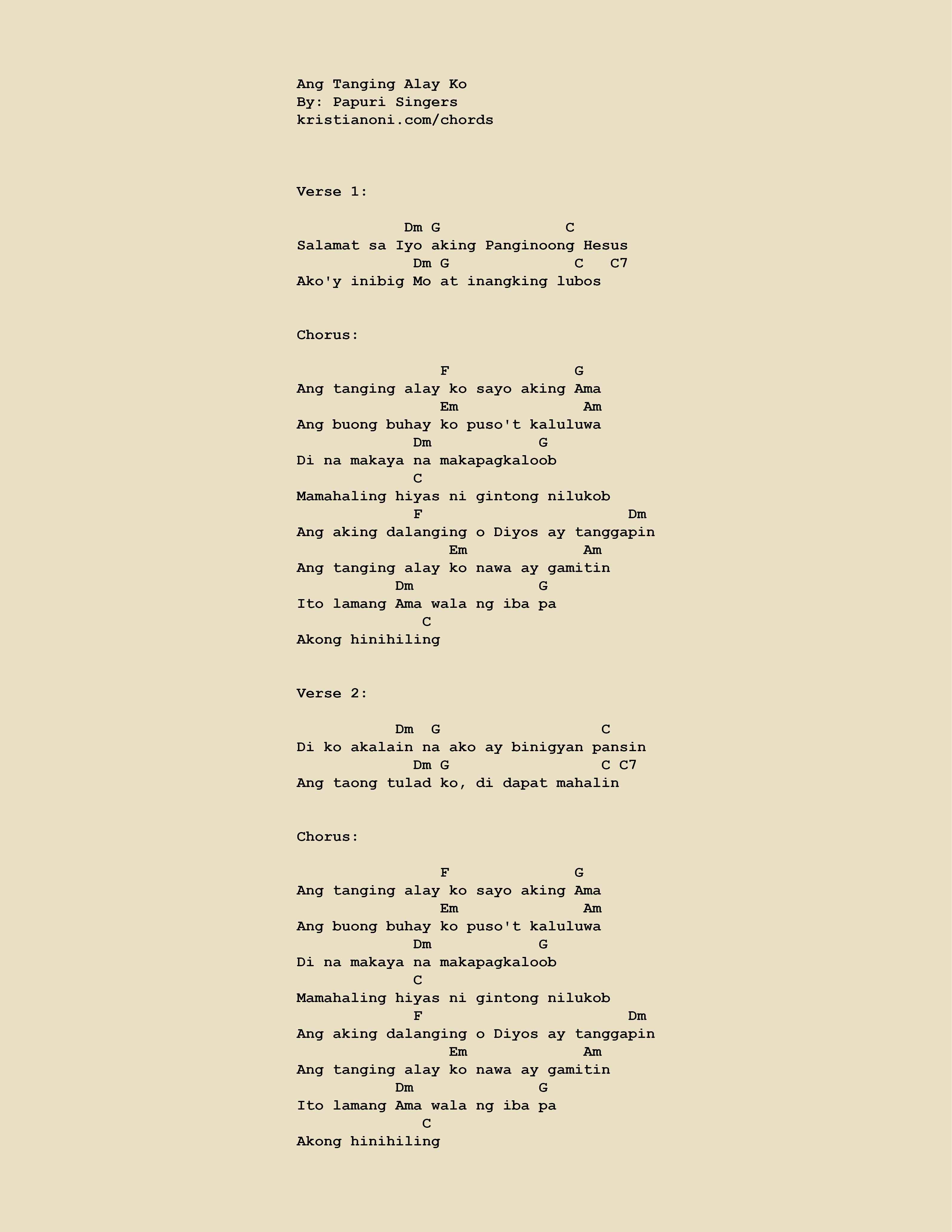 Ang Tanging Alay Ko Papuri Singers Chords